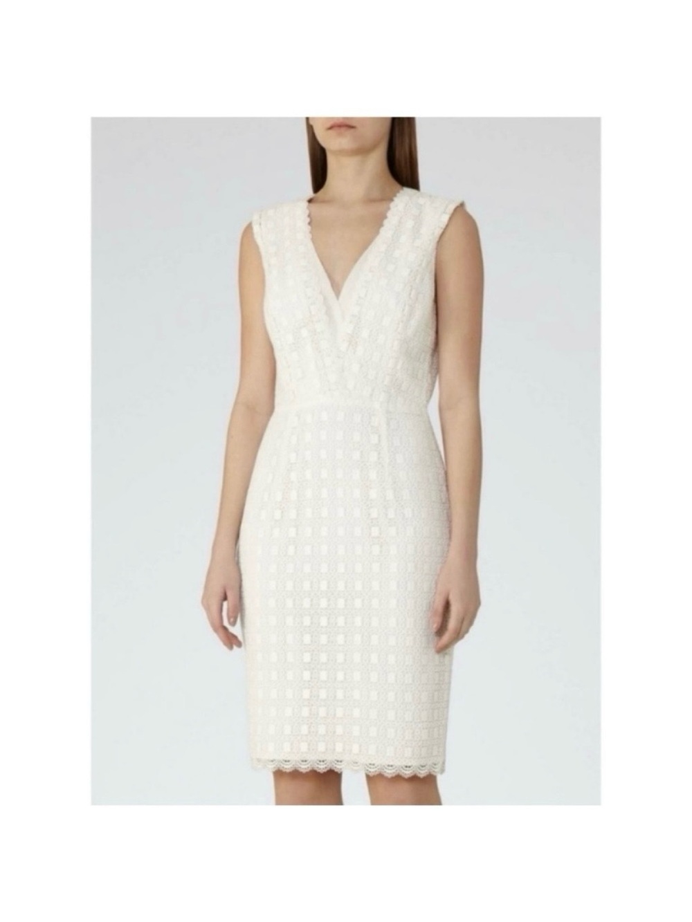 Reiss Womens Eris Lace Dress Deep V Neck White Sheath Dress Career Office Mature